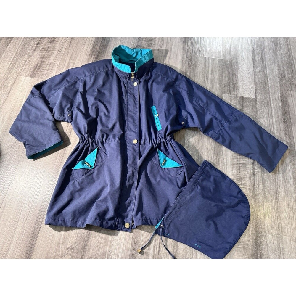 VTG Essentials Jacket Windbreaker Removable Hood 90s Rain Hiking Navy Blue 2X